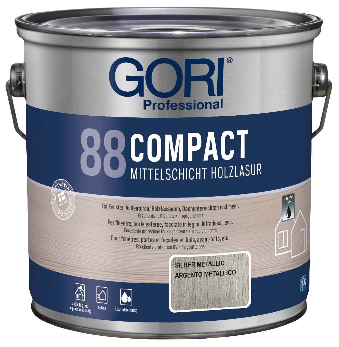 GORI 88 COMPACT Holzlasur 2,5 L in Silber Metallic, Mittelschicht-Lasur für Außen mit UV- und Wetterschutz