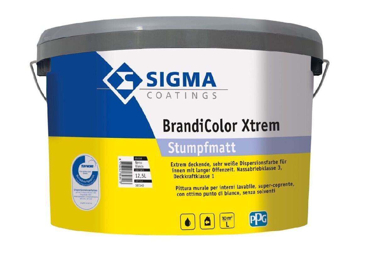 Sigma BrandiColor Xtrem Innenwandfarbe 12,5 L in Weiß, extrem weiße, stumpfmatte Dispersionsfarbe