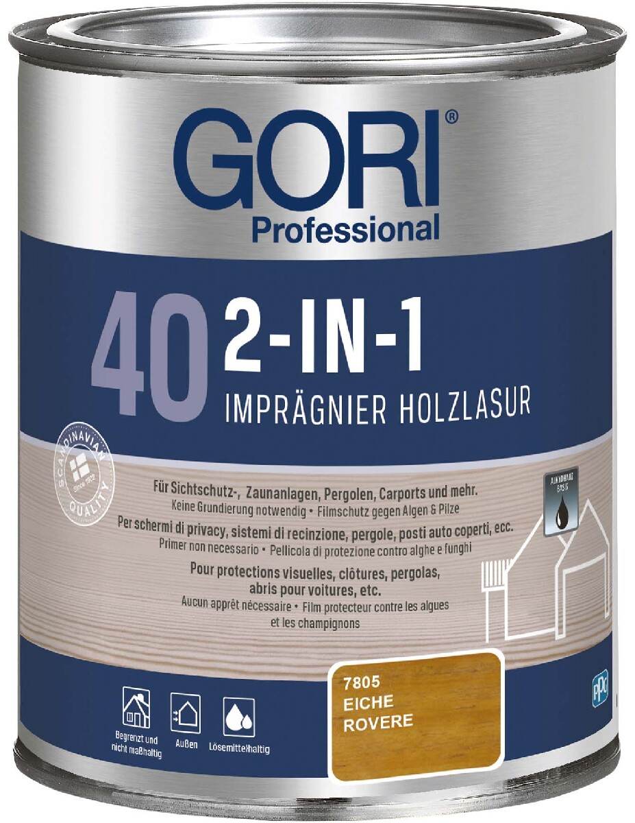 GORI 40 2-IN-1 Holzlasur 0,75 L in Eiche für Außen, UV- und Wetterschutz, Filmschutz gegen Algen & Pilze