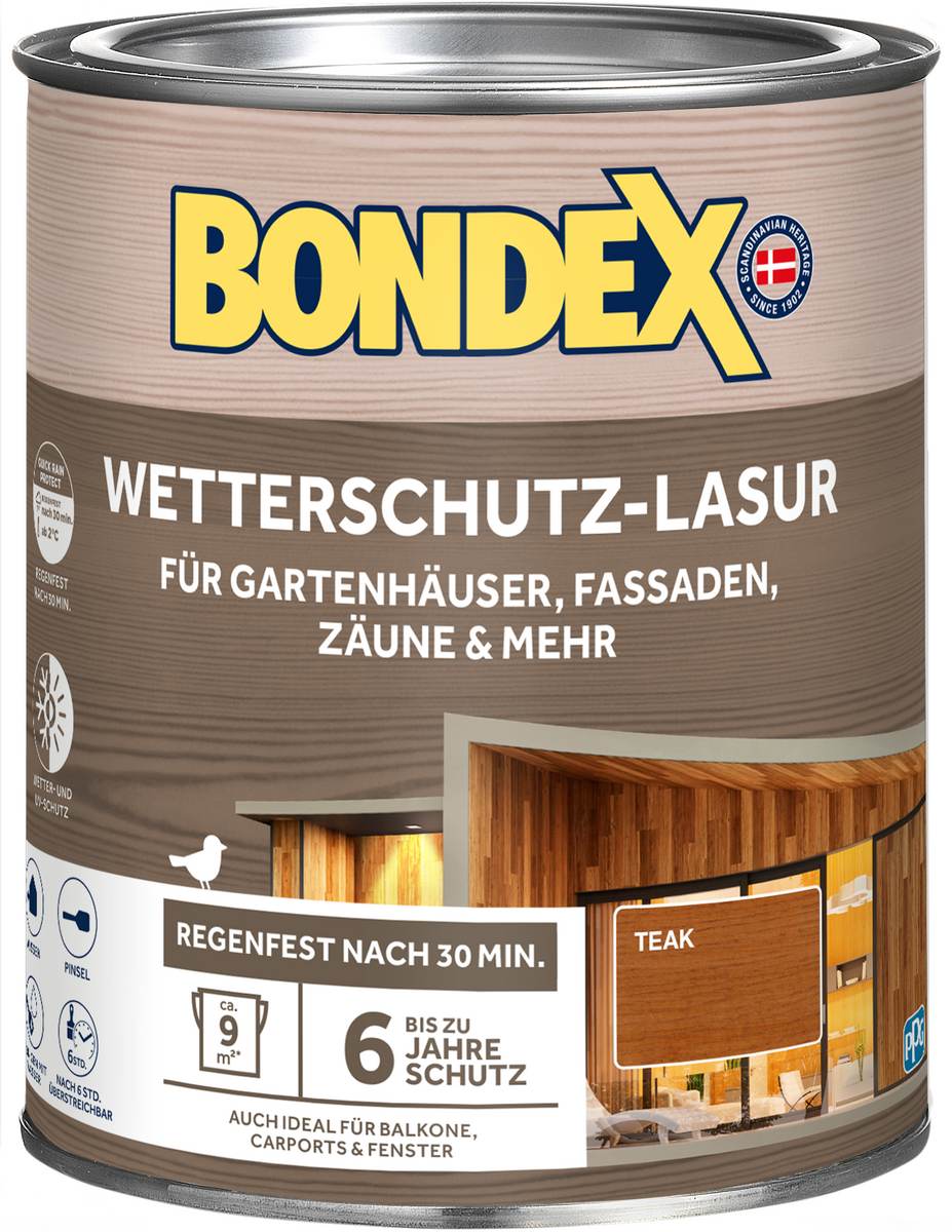 BONDEX Wetterschutz-Lasur 0,75 L in Teak, seidenmatter UV-Schutz, wasserbasierte Holzlasur