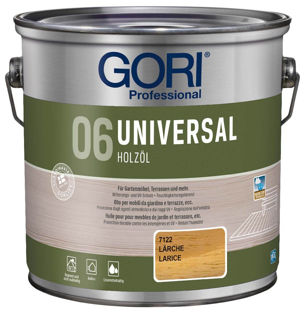 GORI 06 UNIVERSAL Holzöl 2,5 L in Lärche, Holzpflegeöl für Außen mit Wasser-Abperleffekt und UV-Schutz