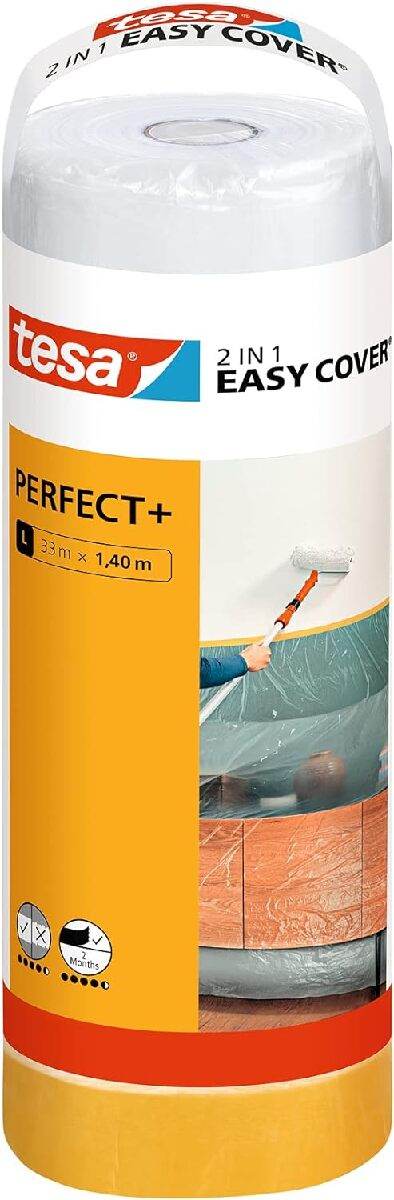 tesa® Easy Cover Perfect + L | 140 cm x 33 m | 2-in-1 Malerband & Abdeckfolie | besonders reißfest