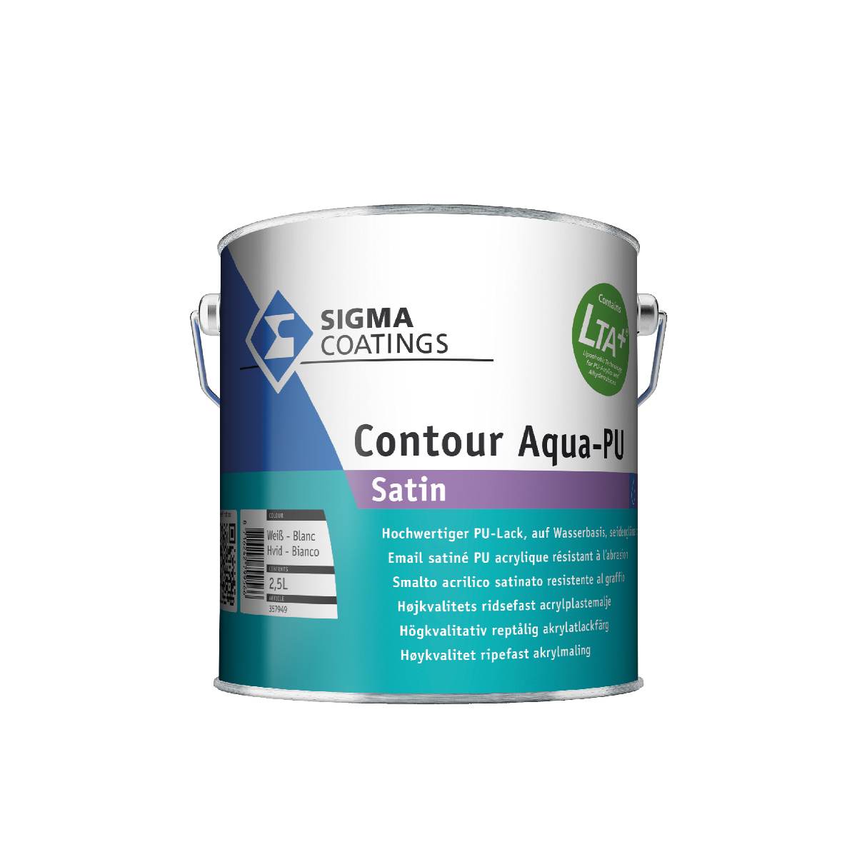 Sigma Contour Aqua-PU Satin Premium-Acryl-Buntlack 1 L in Weiß, innen, kratz- und abriebbeständig
