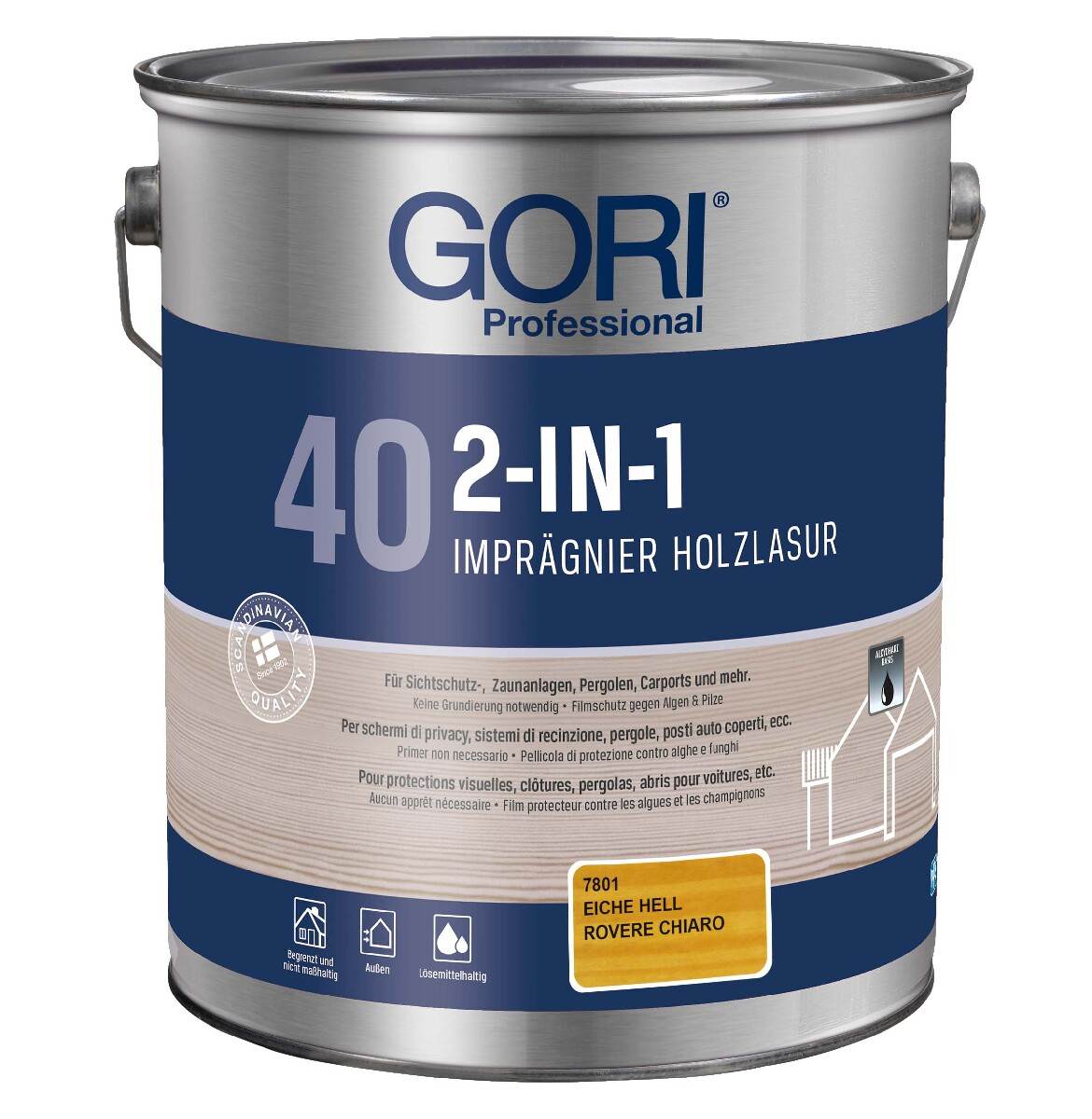 GORI 40 2-IN-1 Holzlasur 5 L in Eiche Hell für Außen, UV- und Wetterschutz, Filmschutz gegen Algen & Pilze