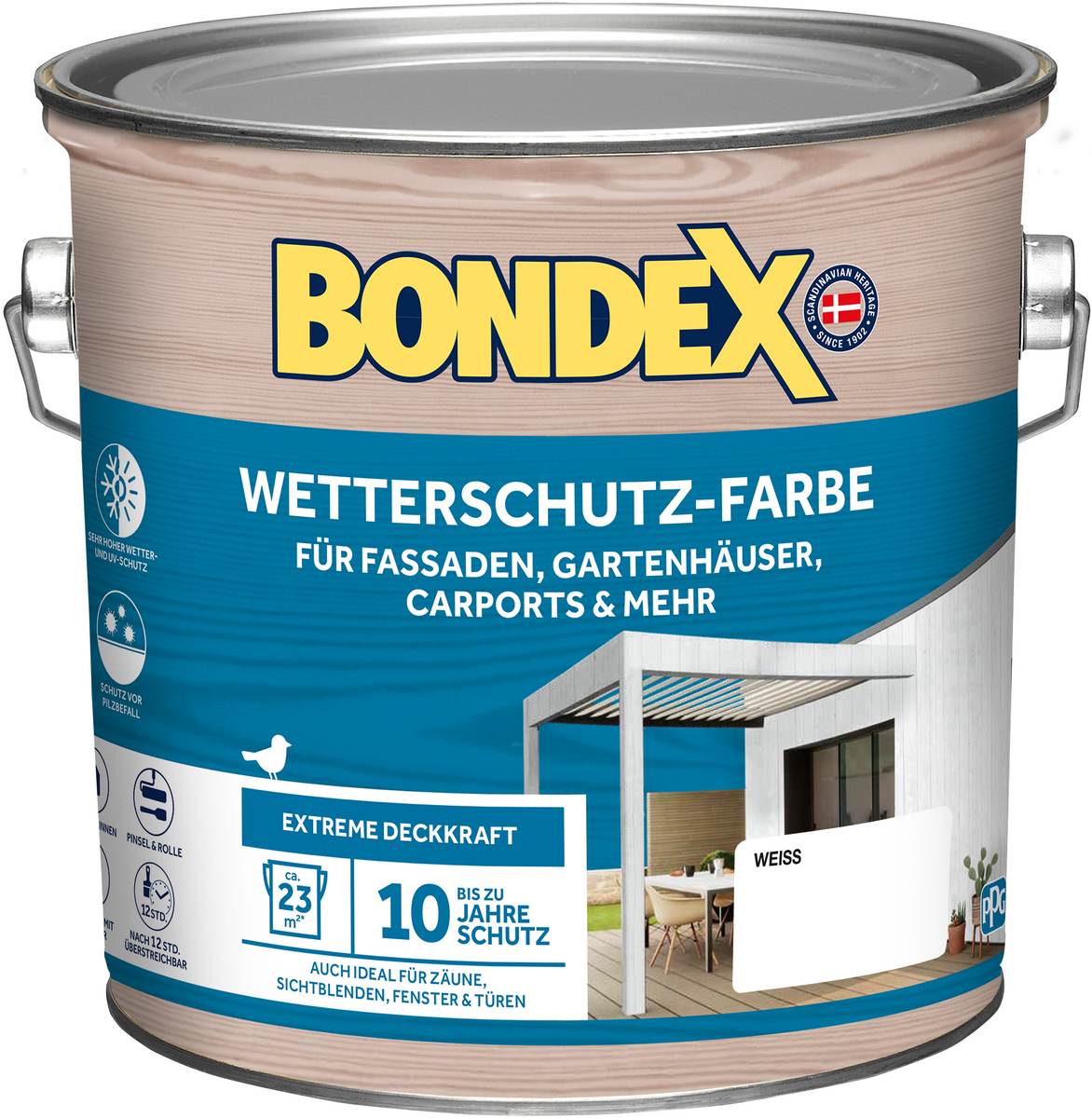 BONDEX Wetterschutz-Farbe 2,5 L in Weiss, witterungsbeständig, atmungsaktiv, extreme Deckkraft