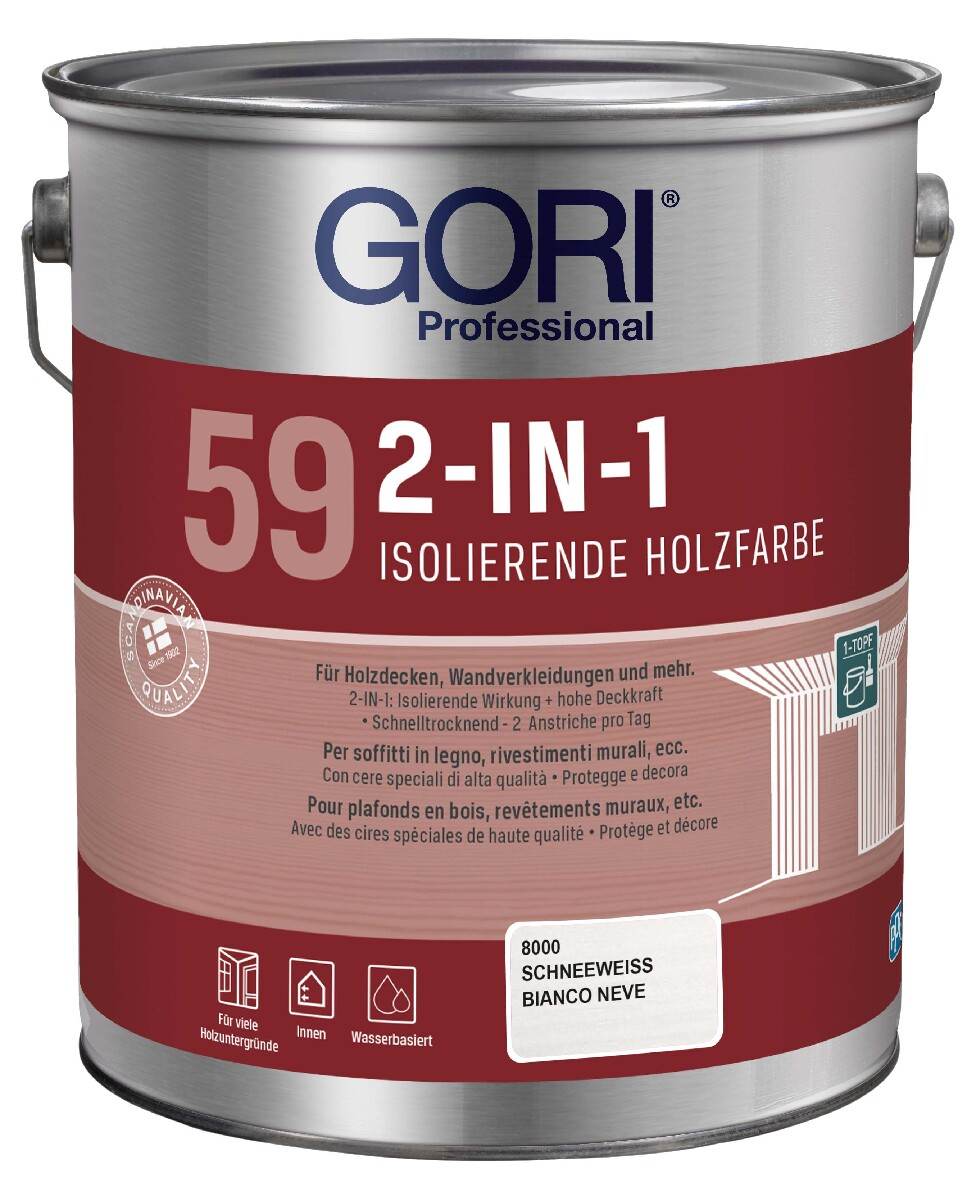GORI 59 2-IN-1 Holzfarbe 5 L in Weiß, matte Holzdeckenfarbe für Innen mit Isolierwirkung, spritzbar